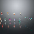 Colorful Fantasy Characters And Magical Creatures With Weapon Props On Dark Shiny Surface