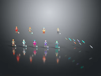 Colorful Fantasy Characters And Magical Creatures With Weapon Props On Dark Shiny Surface 3d model
