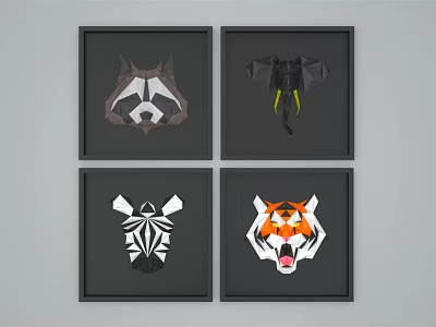 Modern Animal Painting Stereo Painting Mural Illustration Frame Raccoon Elephant Zebra Tiger 3d model