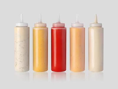 Colorful Condiment Squeeze Bottles In Five Different Colors For Kitchen Use 3d model