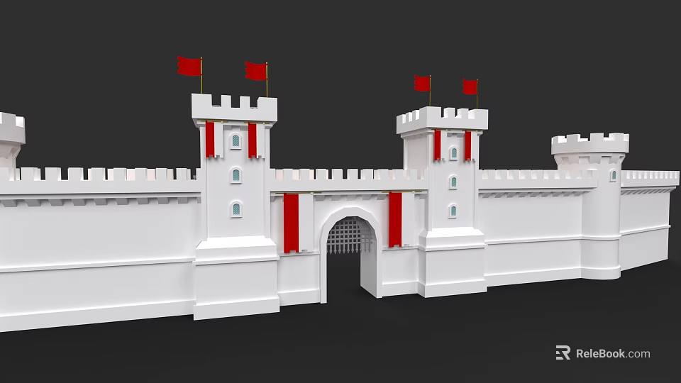 Garden Landscape Featuring White Castle Towers Red Flags And Archway Structure 3d model 