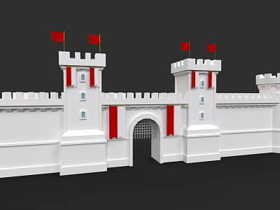 Garden Landscape Featuring White Castle Towers Red Flags And Archway Structure 3d model