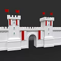 Garden Landscape Featuring White Castle Towers Red Flags And Archway Structure
