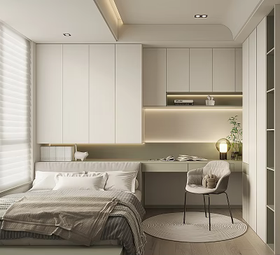 Tatami Bedroom Interior Design With White Cabinets Study Desk Chair And Plant Lighting 3d model