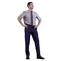 Man wearing light purple short-sleeve shirt gray tie dark blue pants with hands on hips
