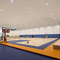 Modern Basketball Gymnasium Interior with Court Hoops Scoreboard Benches and Lighting