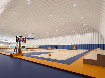 Modern Basketball Gymnasium Interior with Court Hoops Scoreboard Benches and Lighting 3d model