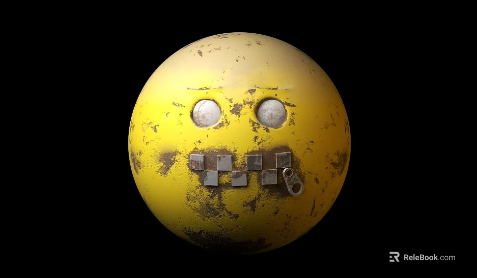 Yellow Rusty Stained Sphere With Round Eyes And Square Shaped Mouth On Black Background 3d model 