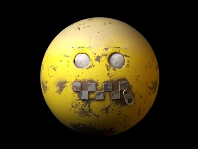 Yellow Rusty Stained Sphere With Round Eyes And Square Shaped Mouth On Black Background 3d model