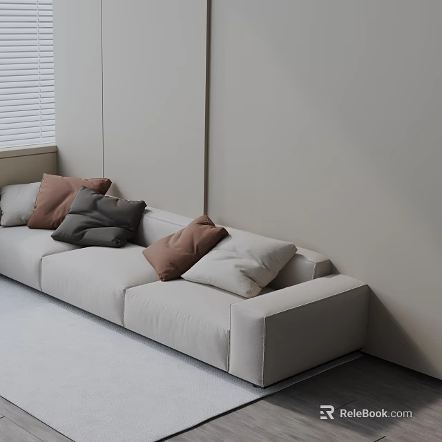 Beige Three-Seater Sofa With Brown Gray Pillows Near Window Blinds In Modern Interior 3d model 