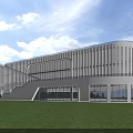 Modern Stadium Building with White Exterior Glass Curtain Walls and Geometric Architectural Design