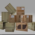 Stacked Cardboard Shipping Boxes Of Various Sizes With Logistics Labels And Packaging