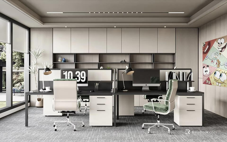 Modern Office Interior With Desks Computers Office Chairs Clock Plants And Windows 3d model