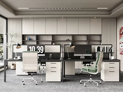 Modern Office Interior With Desks Computers Office Chairs Clock Plants And Windows 3d model