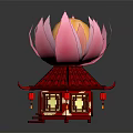 Cartoon Scene Featuring Red Traditional Pavilion With Pink Lotus Top And Hanging Lanterns