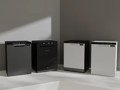 Stylish Modern Kitchen Appliances Four Black And White Dishwashers On White Countertop 3d model