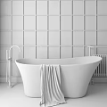 Stylish Black Freestanding Bathtub With Gold Faucet And White Square Tile Wall