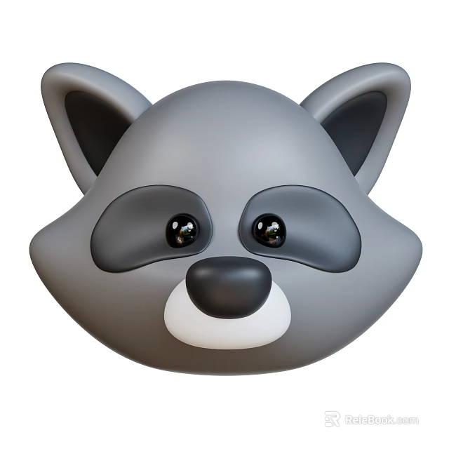 Cartoon Gray Raccoon Head With Big Ears Black Eyes And White Muzzle 3d model 