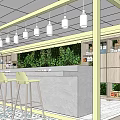 Modern Restaurant Interior With White Pendant Lights Dining Tables Blue Chairs And Green Plants