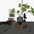 Elegant Decorative Ornament Set With Green Vase Bowl Branch Leaves Black Figurine And Wall Art