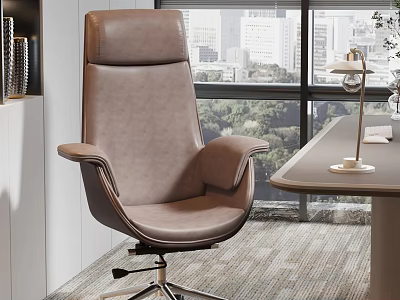 Brown Leather High Back Office Chair With Armrests Metal Base By Window With City View 3d model