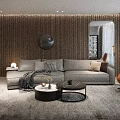 Modern Gray Sofa and Round Coffee Table Set With Pillows Orange Accent Chair Living Room
