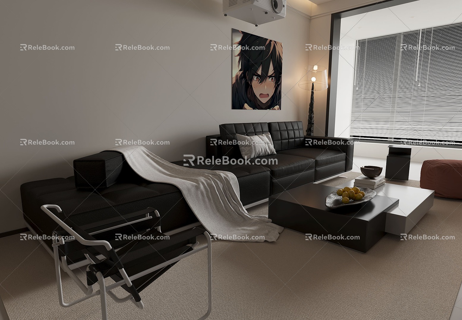 Minimalist black and white gray living room 3D model download 3d model