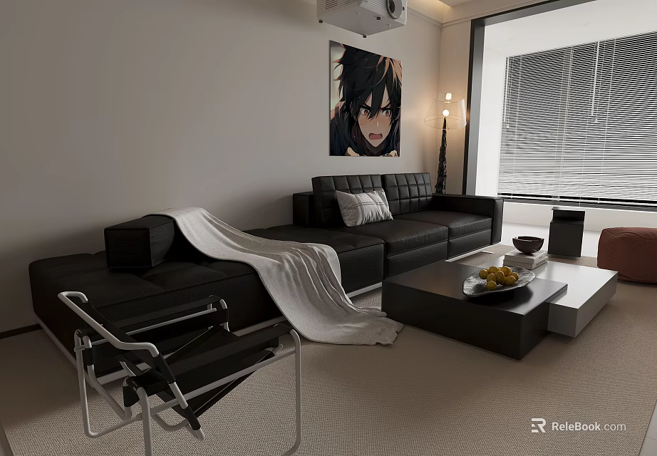 Modern Living Dining Room Interior With Black Leather Sofa White Throw And Coffee Table 3d model 