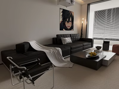 Modern Living Dining Room Interior With Black Leather Sofa White Throw And Coffee Table 3d model
