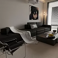 Modern Living Dining Room Interior With Black Leather Sofa White Throw And Coffee Table