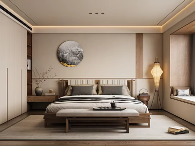 Modern Minimalist Bedroom Interior With Wooden Bed Headboard Circular Wall Art And Floor Lamp 3d model