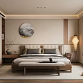 Modern Minimalist Bedroom Interior With Wooden Bed Headboard Circular Wall Art And Floor Lamp