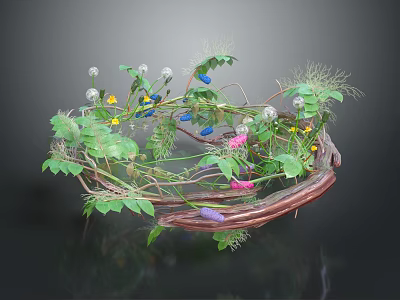 Cartoon Scene Featuring Floral Wreath With Vines Colorful Flowers Green Leaves And White Pom Poms 3d model