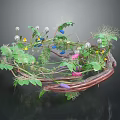 Cartoon Scene Featuring Floral Wreath With Vines Colorful Flowers Green Leaves And White Pom Poms