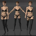 Three Women in Black Lingerie Stockings Back View Standing in a Row Middle Spreading Arms