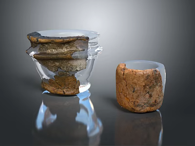 Transparent Glass Wine Bottle and Wine Glass with Rock Texture on Dark Surface with Reflection 3d model