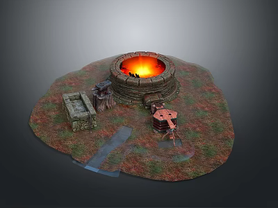 Traditional Living Tools With Stone Fire Pit And Manual Equipment Setup 3d model