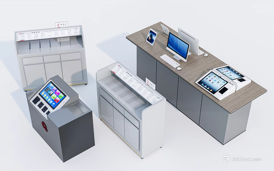 Smart Machines Self Service Terminals Featuring Touch Screens Digital Displays And Multiple Counters 3d model 
