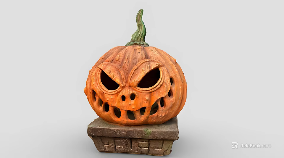 Carved Orange Pumpkin Decorative Ornament Set With Green Stem And Stone Base 3d model 