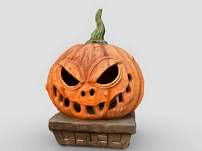 Carved Orange Pumpkin Decorative Ornament Set With Green Stem And Stone Base 3d model