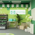 Supermarket Interior with Fresh Fruit Vegetable Shelves Shopping Cart Balloons and Customers