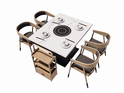 Square Dining Table With Marble Top Induction Cooker Four Chairs And Wooden Cabinet 3d model