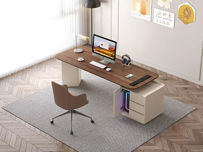 Modern Office Desk With Wooden Top Computer Monitor Headphones Storage Drawers And Brown Chair 3d model