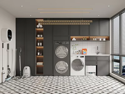 Modern Home Balcony With Black Storage Cabinets Washing Machine Dryer Sink And Patterned Tile Floor 3d model