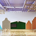 School Activity Room With Green Wall Orange Beams TV Wooden Floor And Animal Shaped Chairs