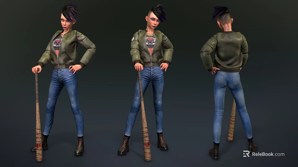 Character In Green Jacket With Biological Graphic Holding Baseball Bat From Three Angles 3d model 