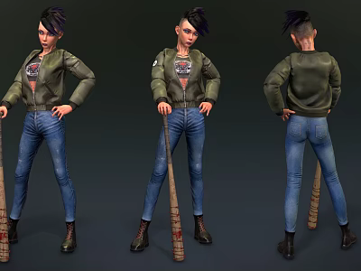 Character In Green Jacket With Biological Graphic Holding Baseball Bat From Three Angles 3d model