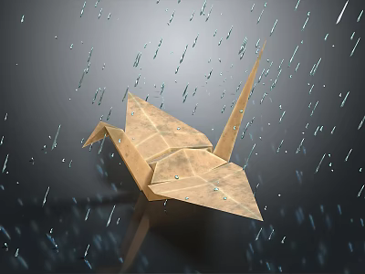 Origami Crane Paper Art Figure Standing in Falling Rain with Water Droplets 3d model