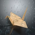 Origami Crane Paper Art Figure Standing in Falling Rain with Water Droplets