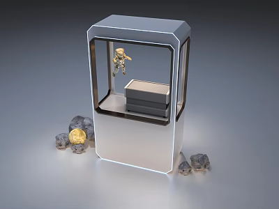 Modern Transparent Display Case Featuring Astronaut Figure Gold Coins And Stones 3d model